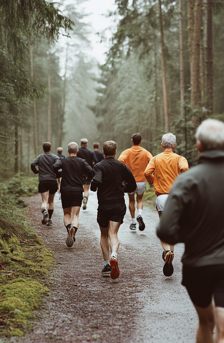 Groupe de coureurs sur un sentier en forêt brumeuse