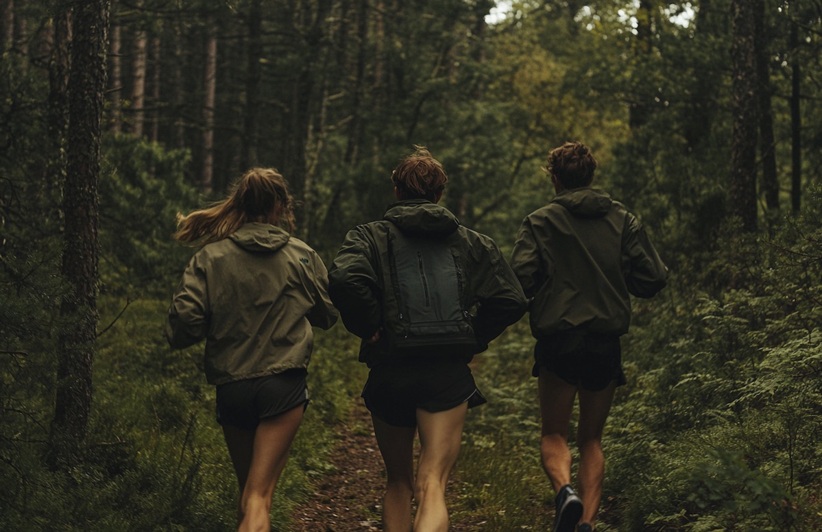 Trois coureurs ensemble sur un sentier en forêt